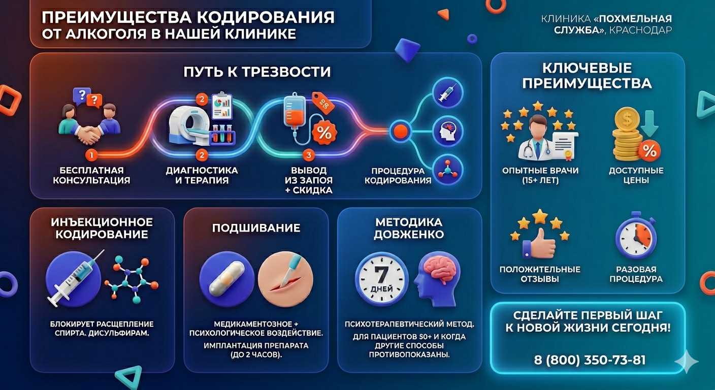 Инфографика о методах кодирования от алкоголя в Улан-Удэ: инъекции, подшивание, метод Довженко. Преимущества клиники и этапы лечения.