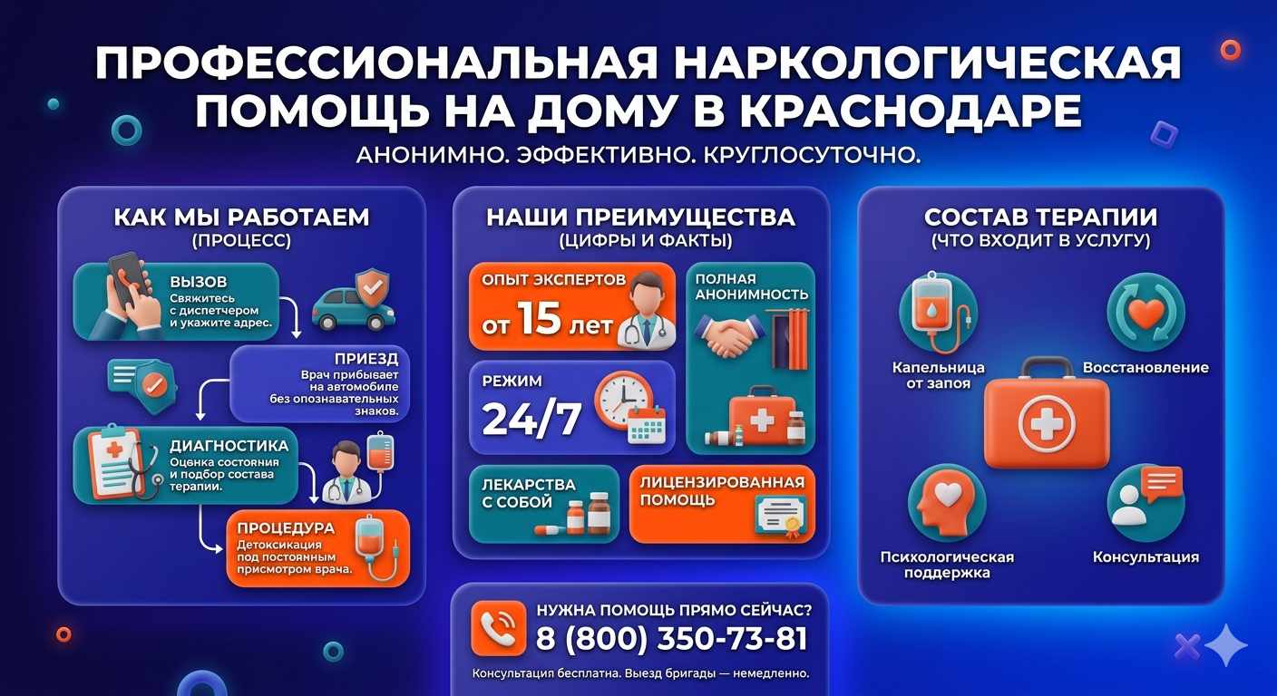 Инфографика о принципах лечения алкоголизма на дому в Улан-Удэ: этапы вызова нарколога, преимущества анонимной детоксикации и состав медицинской помощи.